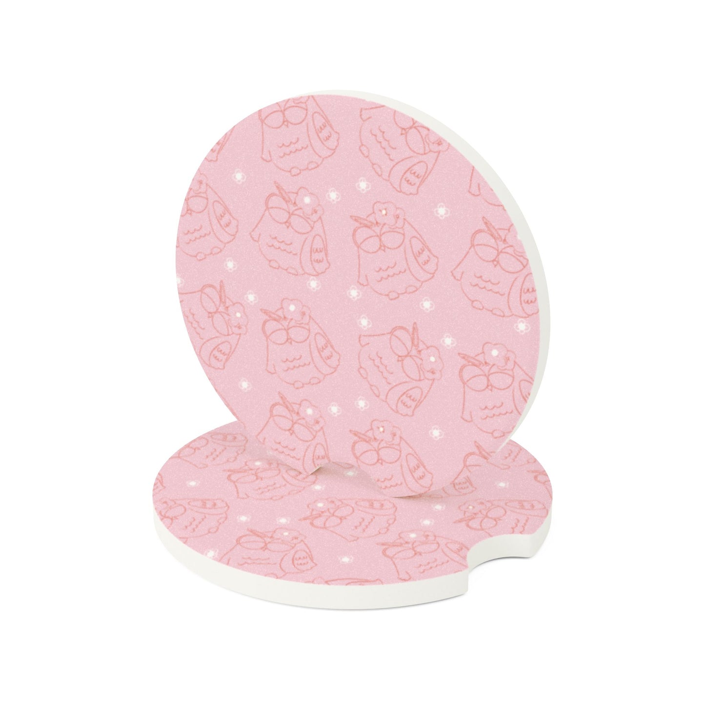 Charming Owl Soapstone Car Coasters, Cup Holder Inserts, Cute Decor for Cars, Gift for Owl Lovers, Pink and White Coasters