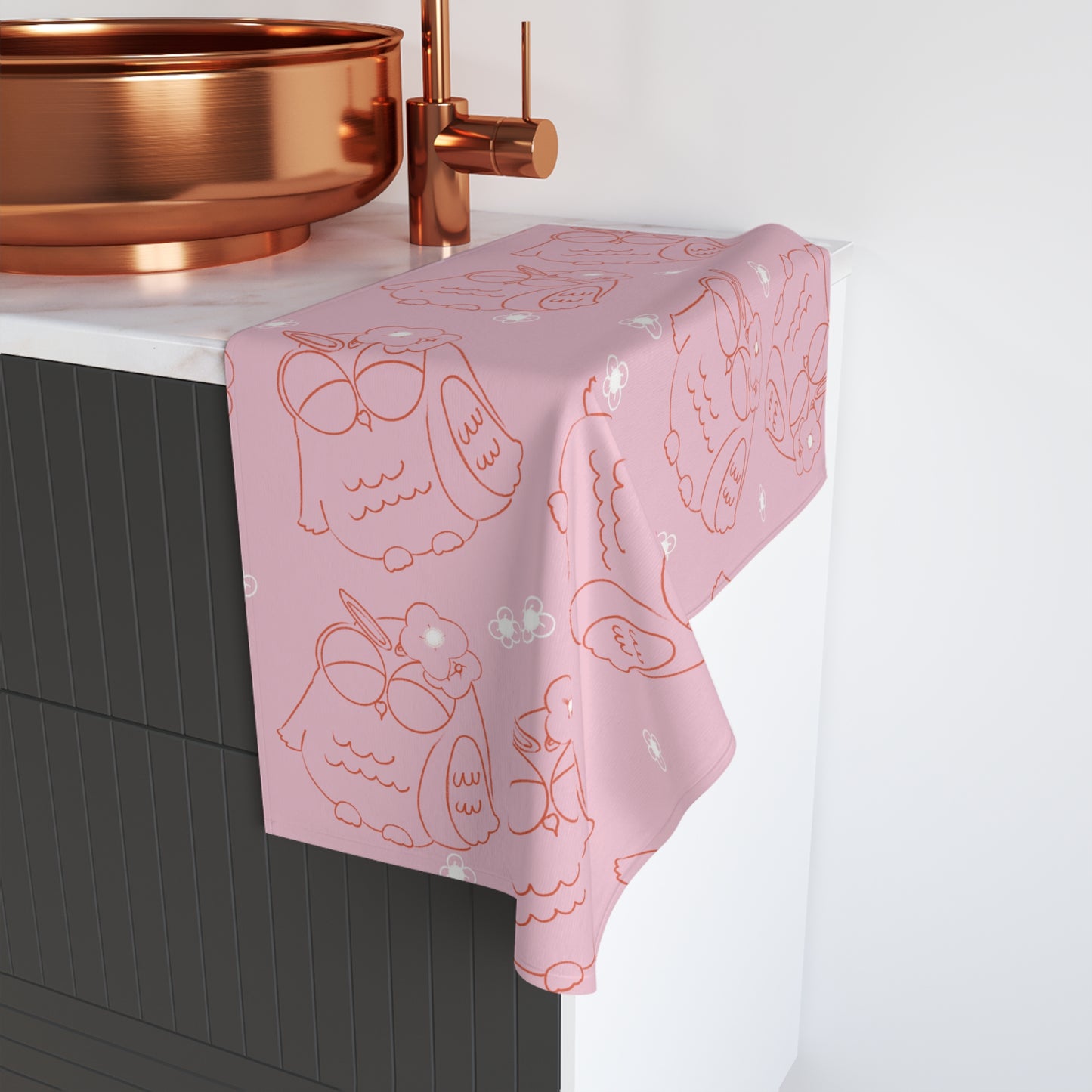 Cute Owl Hand Towel, Cozy Bathroom Decor, Gift for Animal Lovers, Pink Kitchen Towel, Owl Lover's Gift, Child's Bath Decor