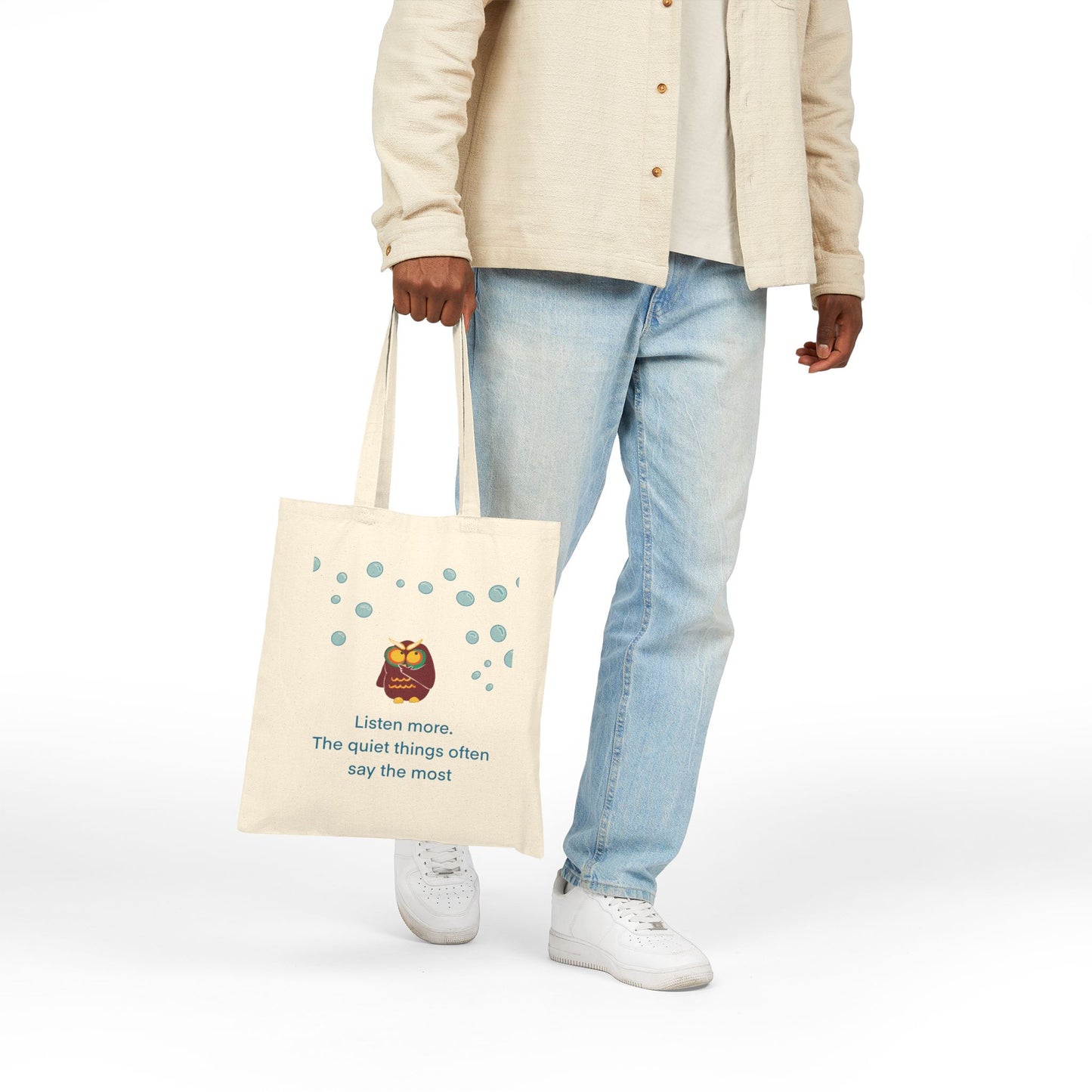 Inspirational Owl Cotton Tote Bag, Eco-Friendly Shopping Bag, Gift for Nature Lovers, Quote Bag, Reusable Grocery Tote