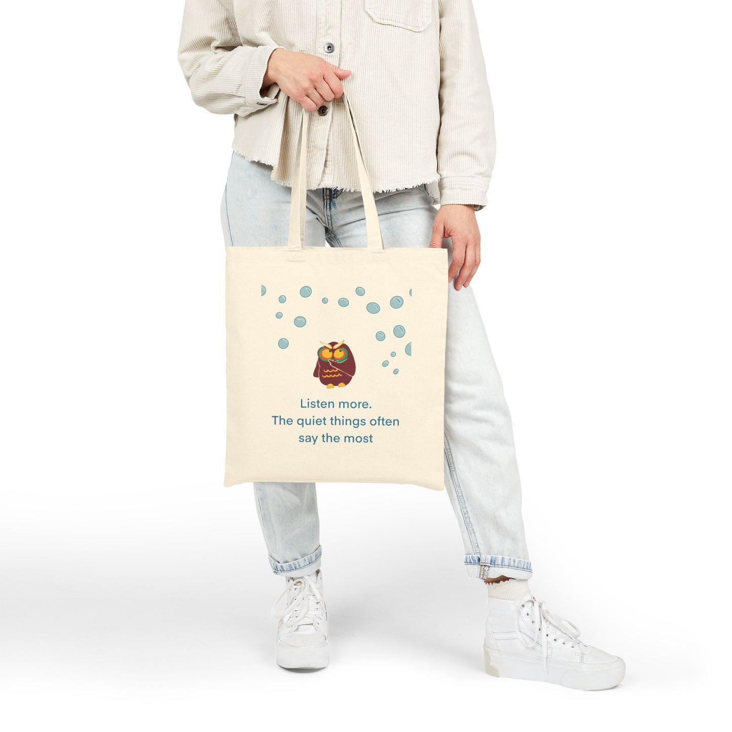 Inspirational Owl Cotton Tote Bag, Eco-Friendly Shopping Bag, Gift for Nature Lovers, Quote Bag, Reusable Grocery Tote