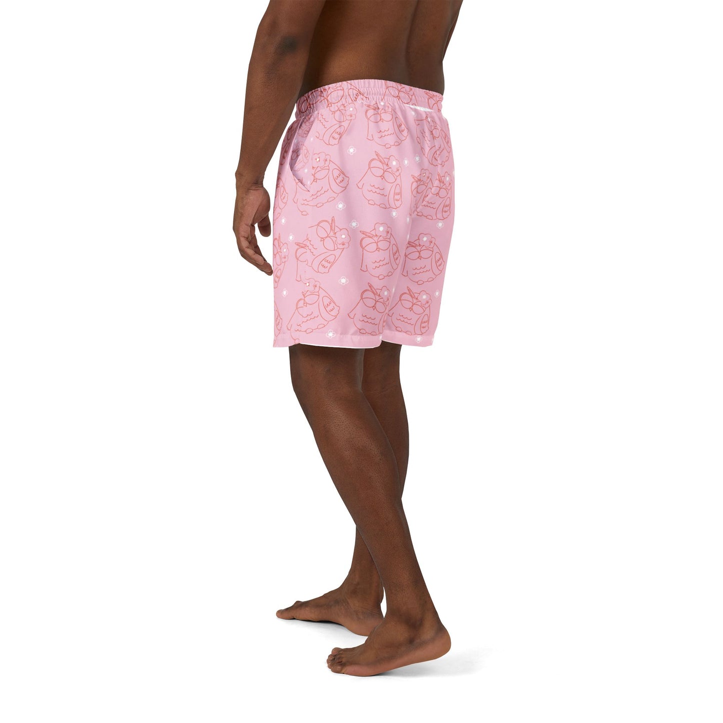 Cute Pink Owl Swim Shorts, Unisex Beachwear, Summer Swimwear, Relaxed Fit Board Shorts, Vacation Essentials, Fun Pool Outfit