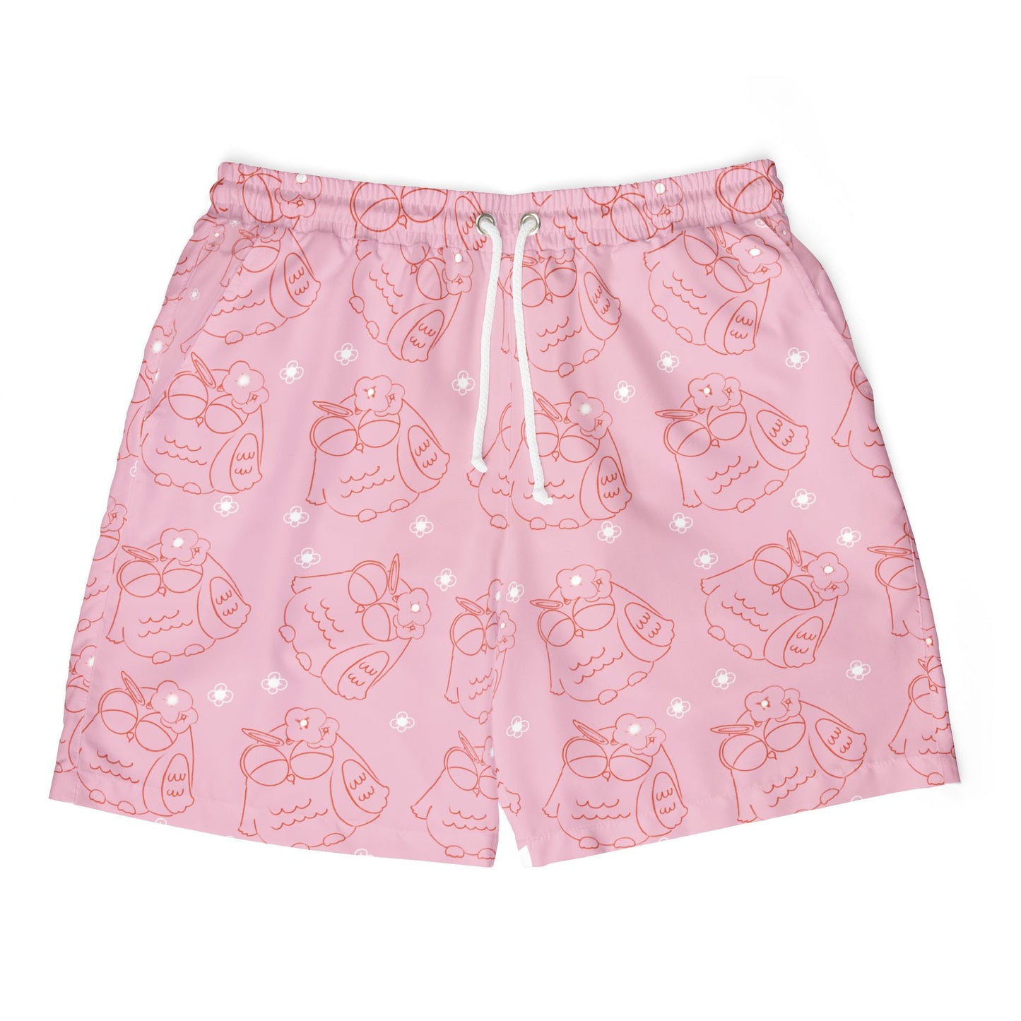 Cute Pink Owl Swim Shorts, Unisex Beachwear, Summer Swimwear, Relaxed Fit Board Shorts, Vacation Essentials, Fun Pool Outfit