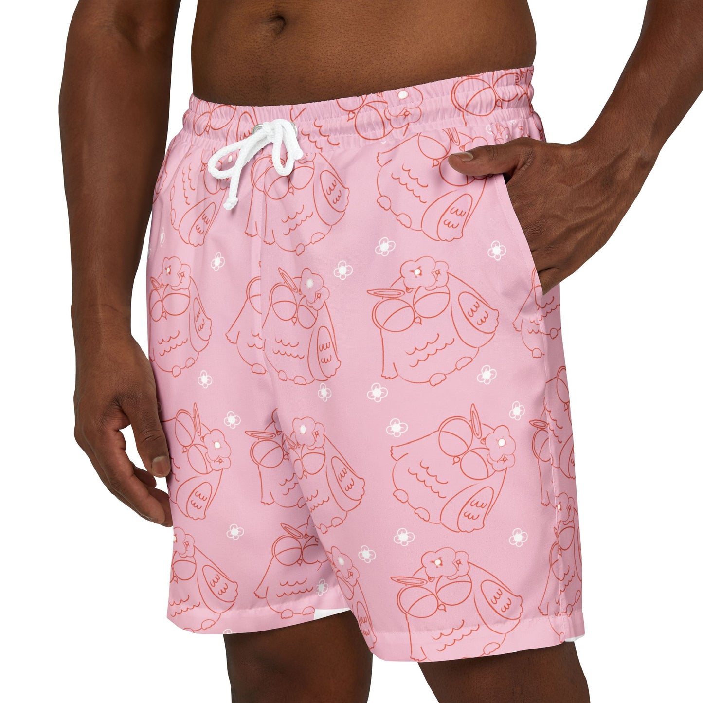 Cute Pink Owl Swim Shorts, Unisex Beachwear, Summer Swimwear, Relaxed Fit Board Shorts, Vacation Essentials, Fun Pool Outfit