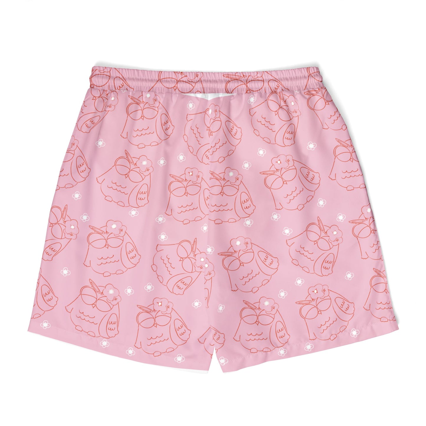 Cute Pink Owl Swim Shorts, Unisex Beachwear, Summer Swimwear, Relaxed Fit Board Shorts, Vacation Essentials, Fun Pool Outfit