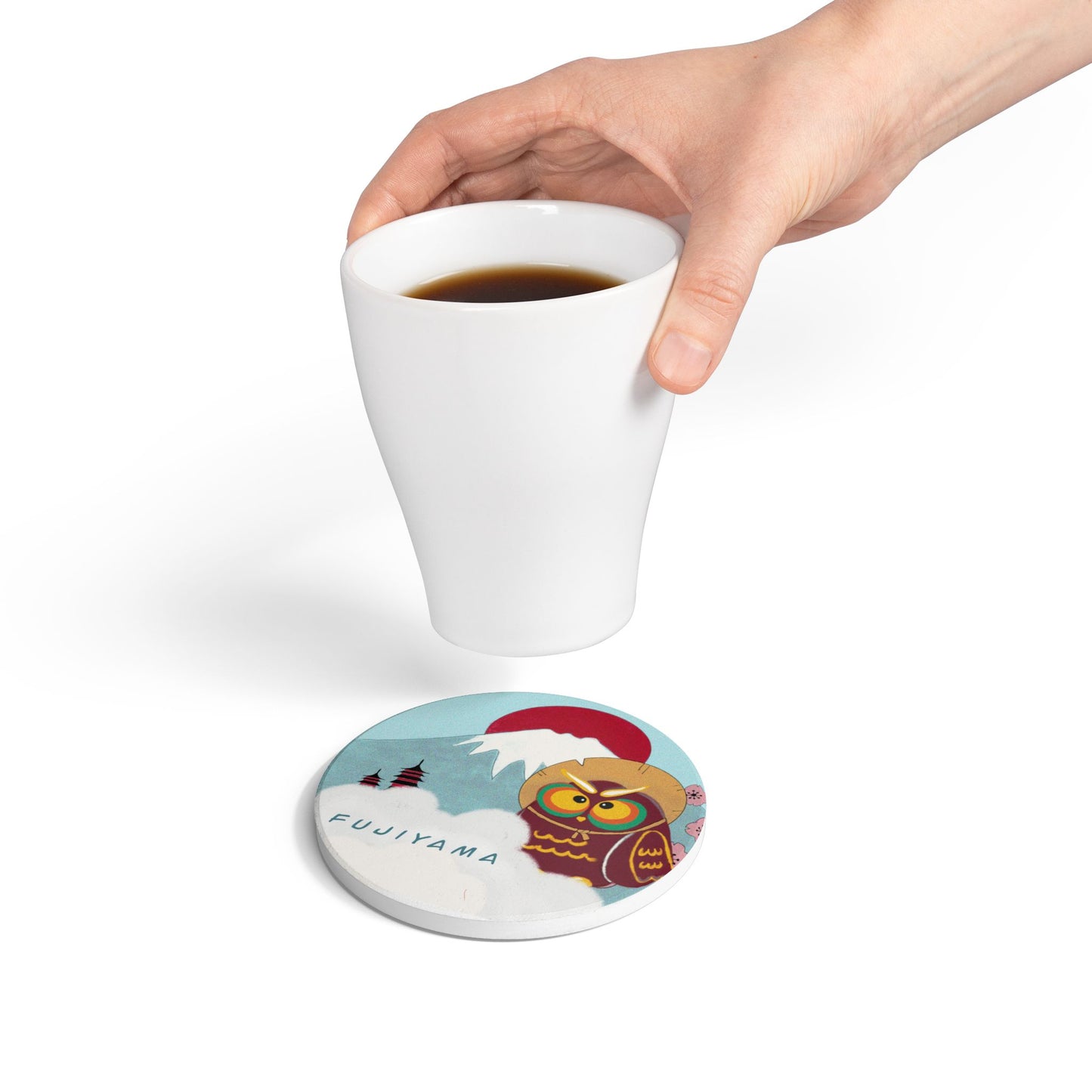 Fujiyama Owl Ceramic Coaster - Japanese Inspired Décor for Home & Gifts