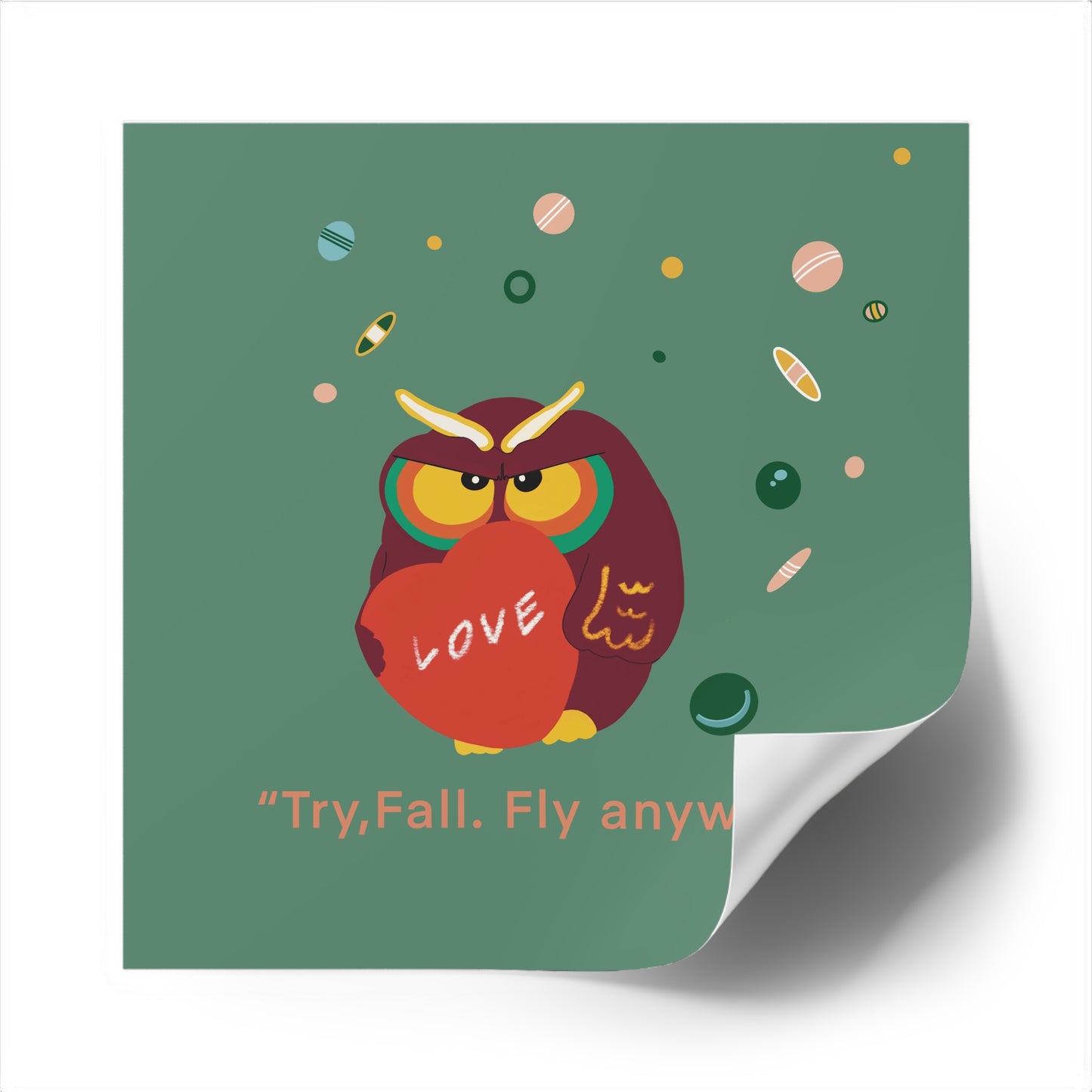Motivational Owl Stickers | "Try, Fall, Fly Anyway" | Indoor/Outdoor